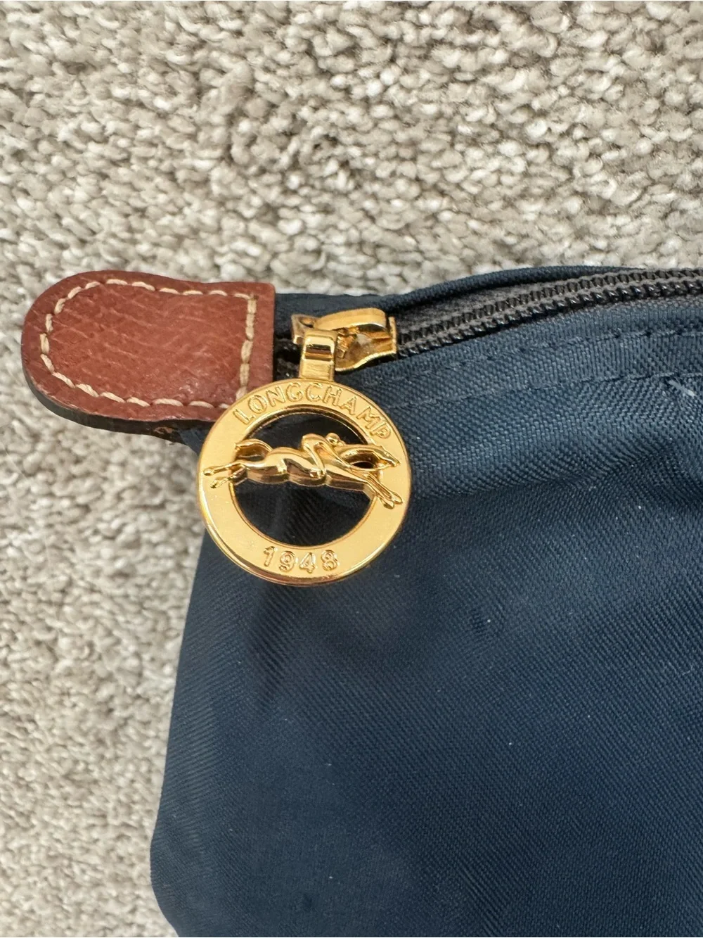 Longchamp Le Pliage Small Navy Tote with Brown Leather Trim Quiet Luxury Minimal